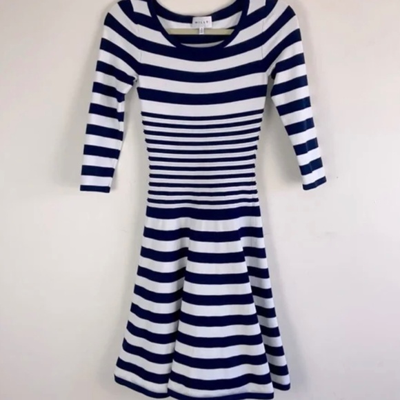 Milly Striped Fit and Flair Dress. Navy Blue and White. Small. - Picture 1 of 4